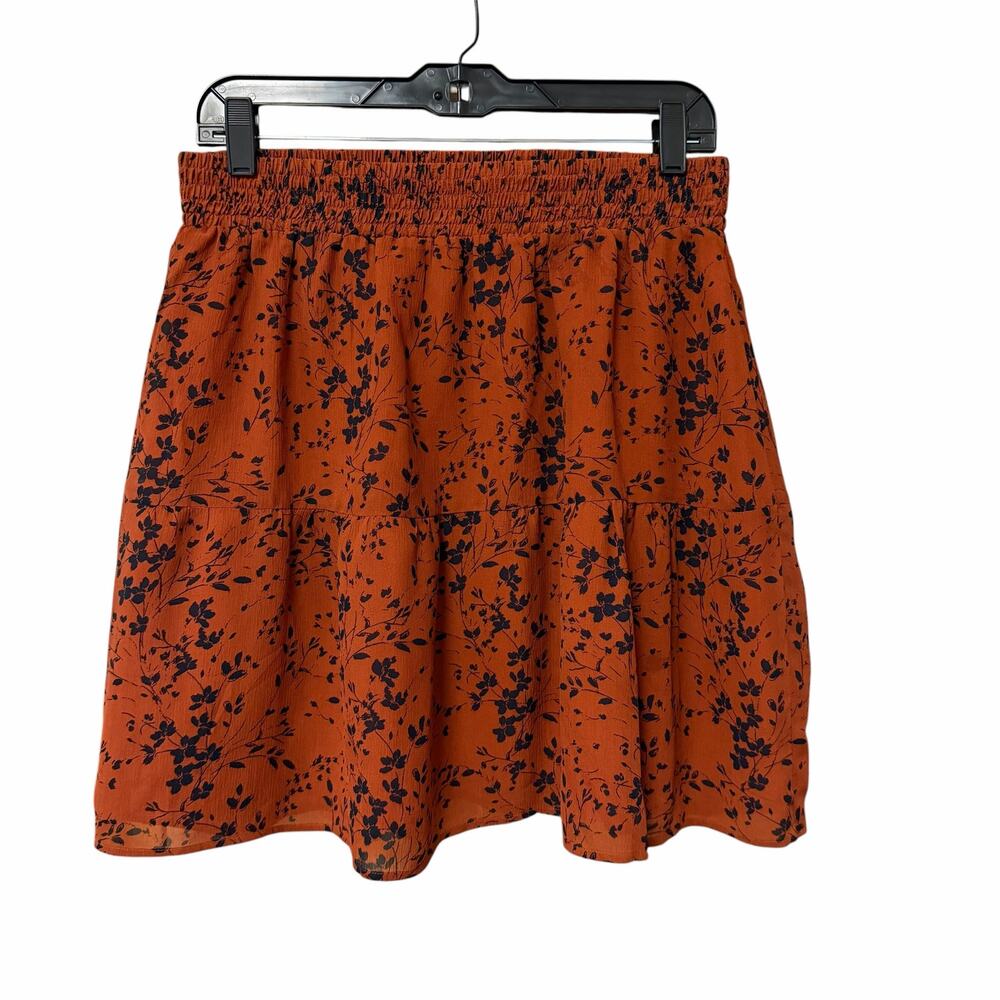 Garnet Hill Silk Floral Mini Skirt Dark Orange Navy Small Boho Fall Lightweight